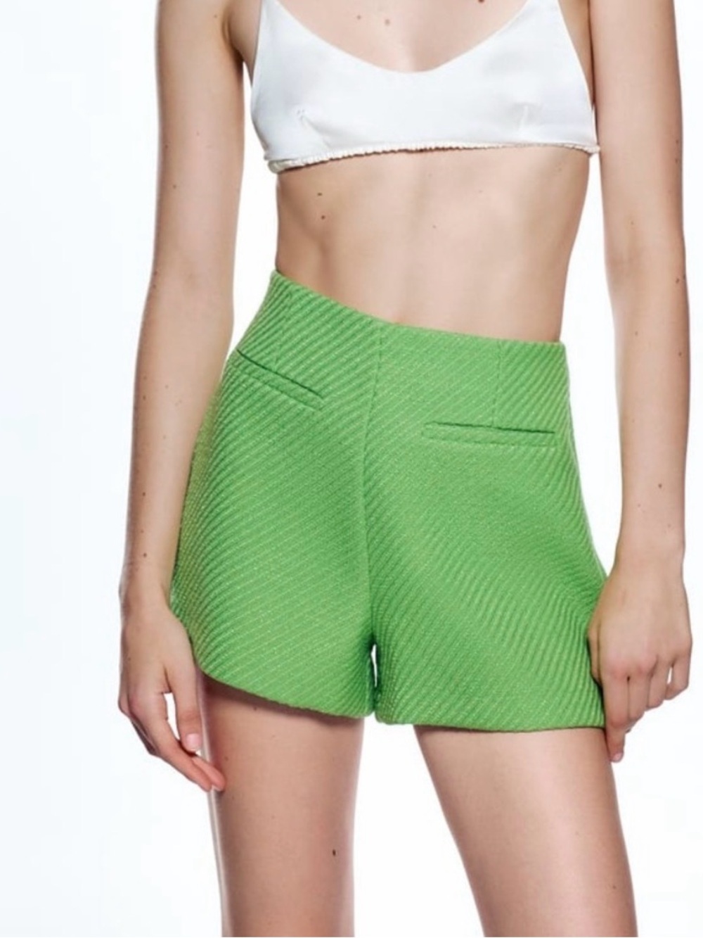 Zara Bright Green High-Waist Textured Shorts
